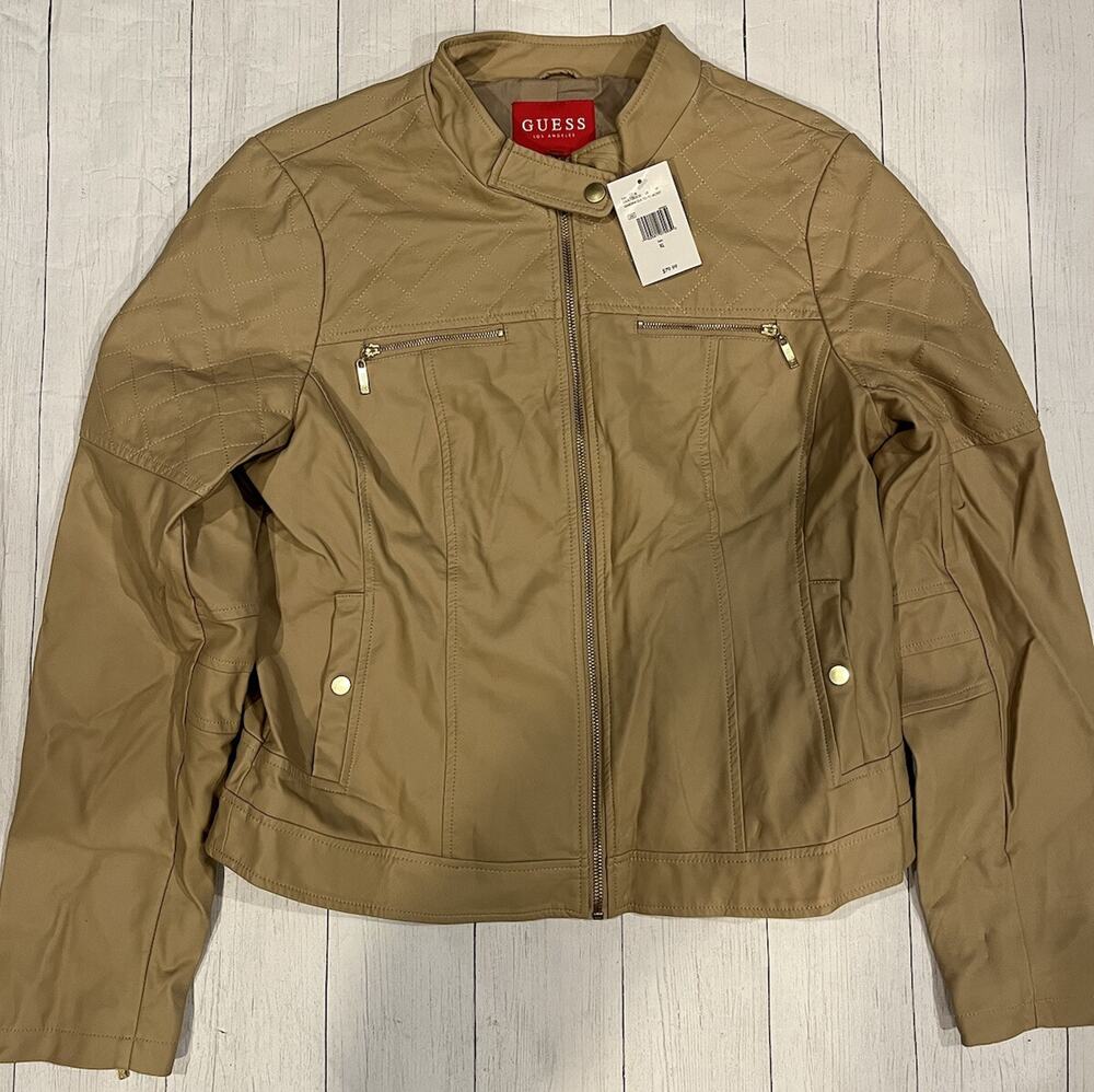 NWT Guess Women's Light Brown/tan Faux Leather Zip Biker Jacket Sz XL